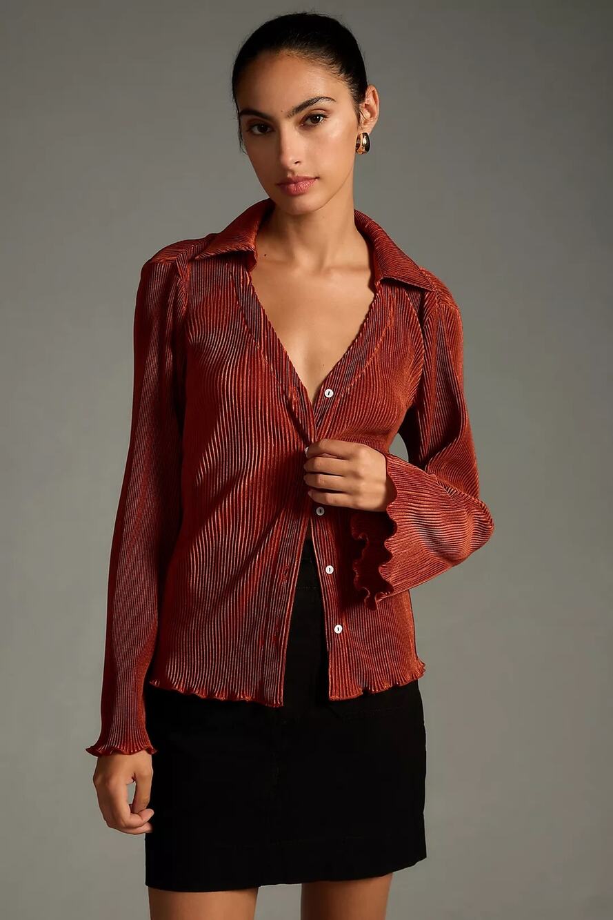Anthropologie Dolan Lettuce-Hem Buttondown Flare Cuff Women's Blouse Top Shirtโ